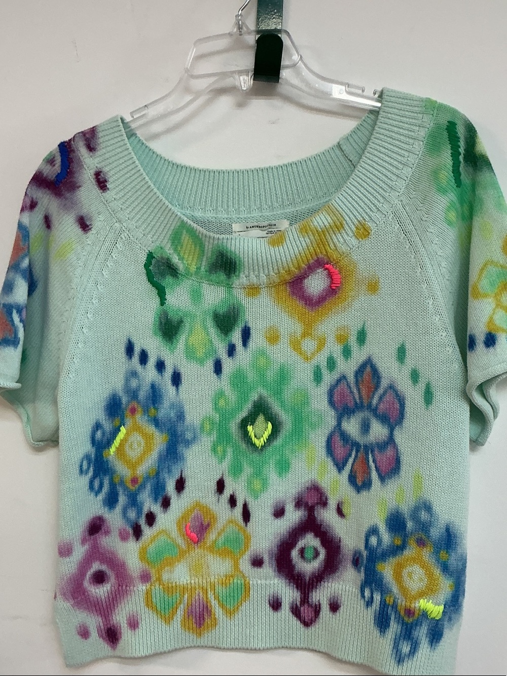 Anthropologie Mint Short-Sleeve Scoop-Neck Patterned Sweater
